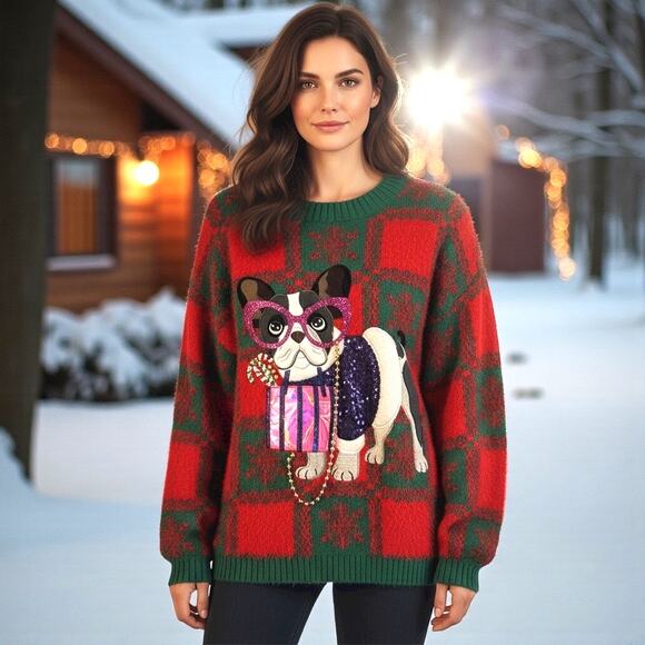 Holiday Time Christmas Sweater Fashion Bulldog Sequins Beads SZ L 12-14 - Picture 1 of 9